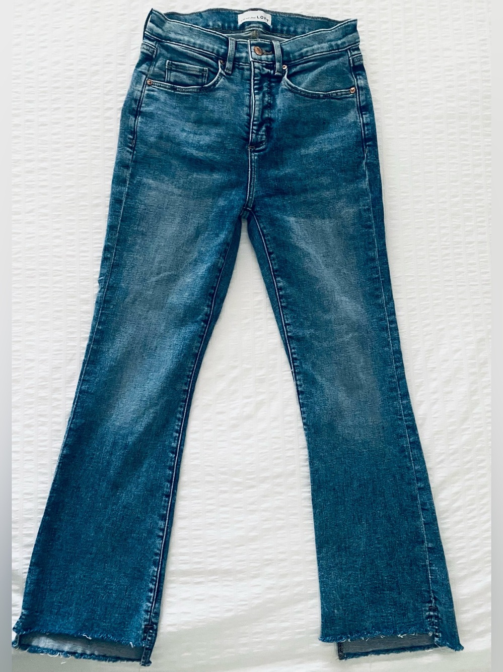 LOFT The Kick Crop Jeans 26 High Rise Flare Raw Step Hem Medium Wash